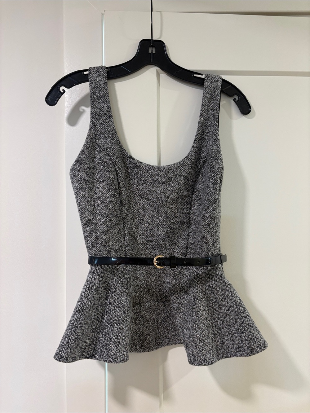 bebe Gray Tweed Peplum Tank with Black Patent Belt